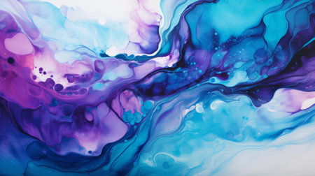 Turquoise and purple water splashes merging, a cool and warm color contrastの素材