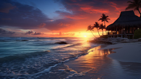 Tranquil beach at sunrise, serene vacation spotの素材