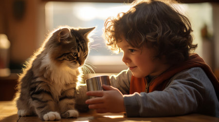 A child feeding a pet, learning about care and empathyの素材