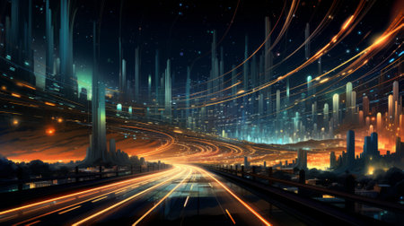 Visual metaphor of high-speed internet as a digital highway, conveying rapid data transferの素材