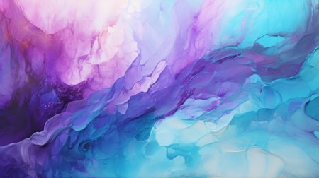 Turquoise and purple water splashes merging, a cool and warm color contrastの素材