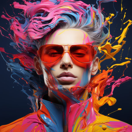Surreal portrait with vibrant paint strokes, blending art and fashion.の素材
