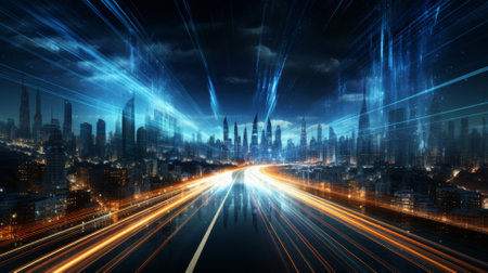 Visual metaphor of high-speed internet as a digital highway, conveying rapid data transferの素材