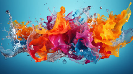 Vibrant water splashes colliding in mid-air, a dynamic and colorful displayの素材