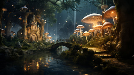 Whimsical forest, oversized mushrooms, misty ambiance, fairy-tale vibesの素材