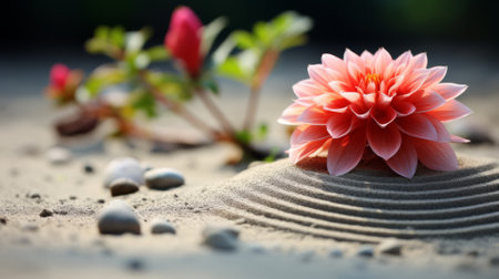 Zen garden with perfectly raked sand and a single, vibrant flower, tranquilityの素材
