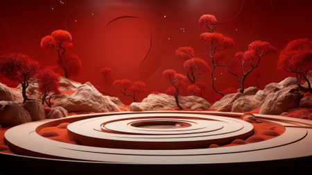 Zen garden on Mars, combining red Martian rocks with traditional Japanese elementsの素材