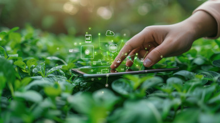 Close-up of fingers swiping through eco-friendly apps on a smartphoneの素材