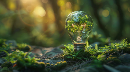 Globe lightbulb symbolizing green innovation, rooted, with a muted forest sceneの素材