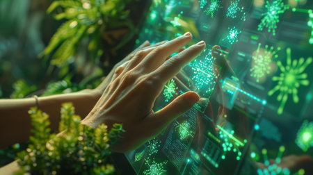 Eco-conscious hands interacting with green tech gadgets on a digital screenの素材