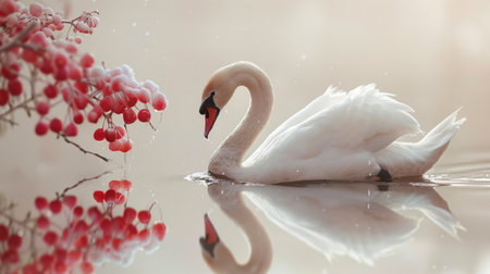 A swan with feathers that have the smooth, glossy appearance of cherries, gliding on a serene lake,の素材
