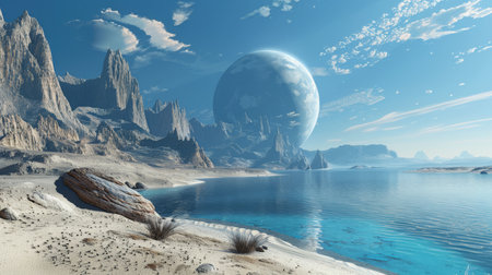 High-resolution view of an alien planet, showcasing its land and water mysteriesの素材