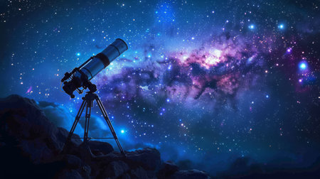 Nighttime observatory scene with telescope and a hint of galaxyの素材
