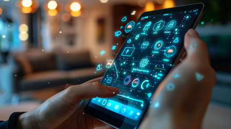 Close-up of hands setting up a home energy-saving smart device screenの素材