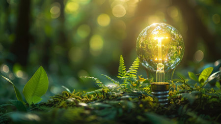 Green tech lightbulb with a globe design in earth, blurry forest vistaの素材