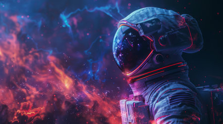 Futuristic astronaut figure shaped by blue and purple light lines, dark settingの素材