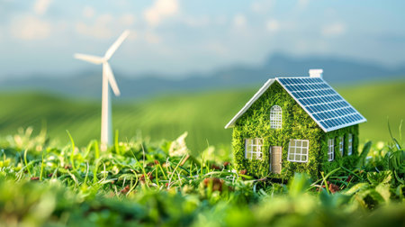 Green living home with solar roof and distant windmill, blue sky backdropの素材