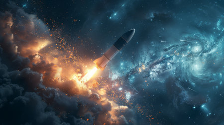 Rocket ignition in the night sky, flames propelling a space missionの素材