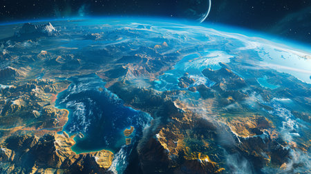 Space view of an alien planet, with distinctive landforms and watersの素材