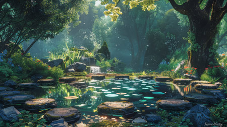 A hidden grove with a healing pond and ancient runes,の素材