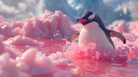 A penguin sliding down a glacier of frozen yogurt,の素材