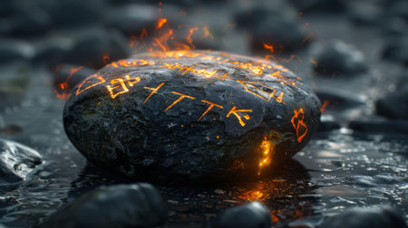 Runes inscribed on a mystic stone emitting lightの素材