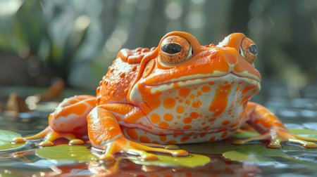 A frog with skin that looks like the bright, inviting segments of a mandarin orange, croaking on a riverbank,の素材