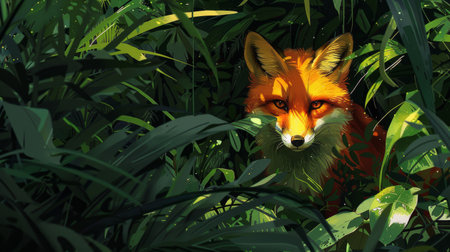 A fox with a coat as vibrant and segmented as a ripe mango, sneaking through a dense jungle,の素材