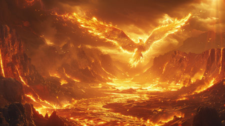A volcanic landscape with a phoenix rising from the ashes,の素材
