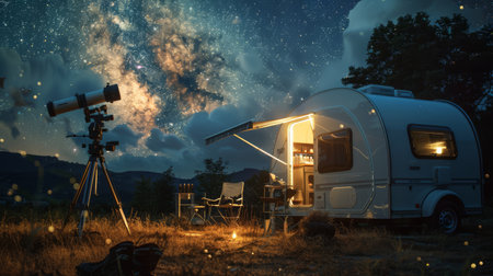 A mobile astronomy lab where students observe celestial events through telescopes,の素材