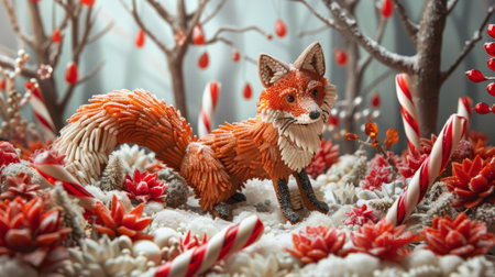 A fox made of gingerbread in a forest of candy cane trees,の素材