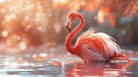 A flamingo with feathers that have the soft, delicate shades of a peach and apricot blend, standing in shallow waters,の素材