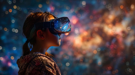 A virtual reality space exploration lesson with students navigating galaxies,の素材