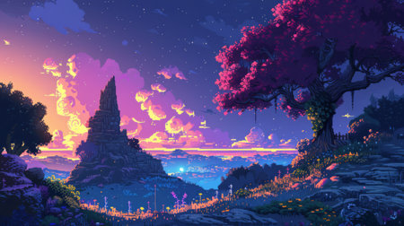 Digital pixel art for a gaming app, vibrant characters and landscapesの素材