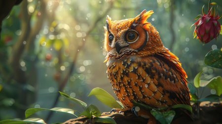 An owl with plumage that echoes the vibrant colors of dragon fruit, perched in a mystical forest,の素材