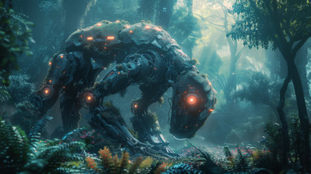 Cybernetic forest with robotic wildlife and holographic foliageの素材