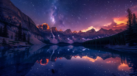 Crystal-clear lake reflecting a starry night skyの素材