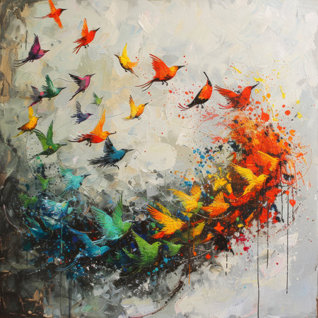 Abstract painting of a sound wave transforming into colorful birdsの素材