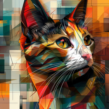 Cubism-inspired digital portrait of a cat, fragmented yet recognizableの素材