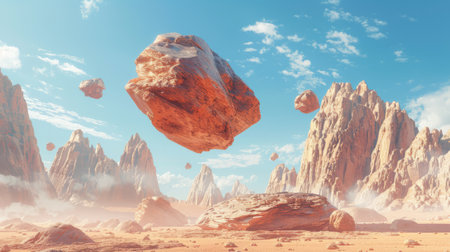 Surreal desert landscape with floating rocks and clear skyの素材