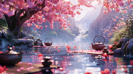 Elegant tea garden with floating teapots and cherry blossoms,の素材