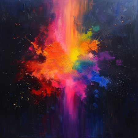 Abstract explosion of neon colors in a dark voidの素材