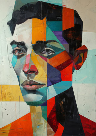 Cubism-influenced portrait with distorted features and abstract formsの素材