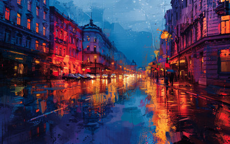 Expressionist depiction of a rainy city street, colors melting togetherの素材