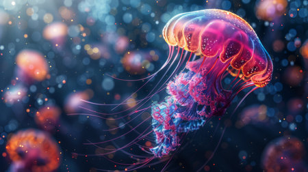 Neon jellyfish floating in a digital ocean, vibrant colors,の素材