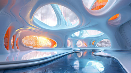 Futuristic art studio with 3D sculptures and dynamic lighting,の素材