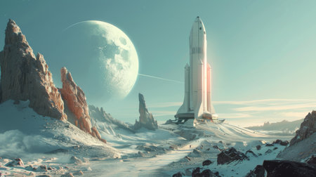 Futurism-themed ad for a space tourism company, inviting to the unknownの素材