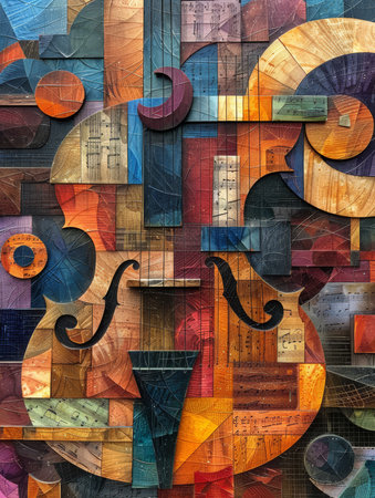 Cubist interpretation of a musical orchestra, shapes merging into melodyの素材