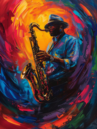 Expressionist painting of a jazz musician, colors flowing with the musicの素材