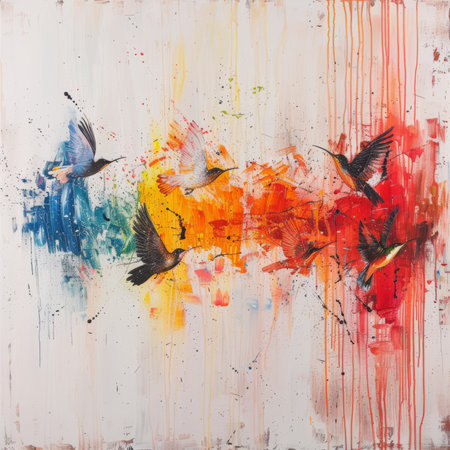 Abstract painting of a sound wave transforming into colorful birdsの素材